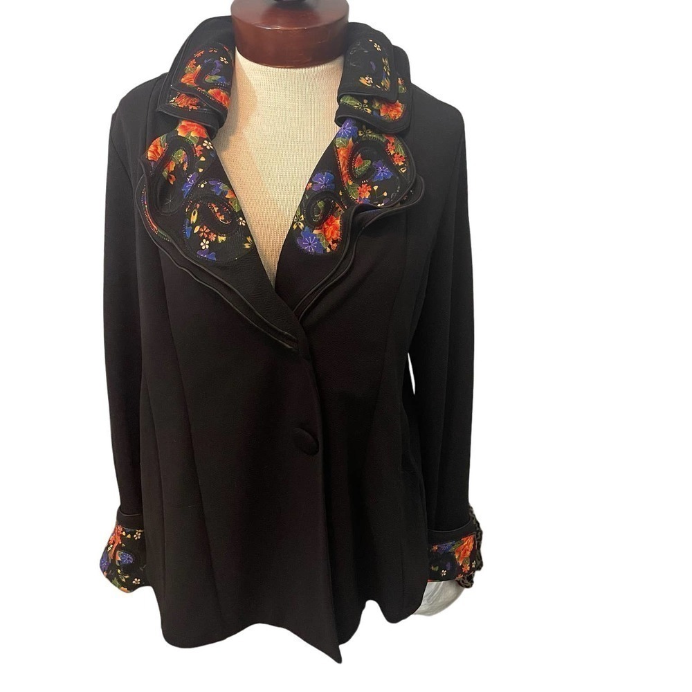 Soft Surroundings Black Floral Blazer Petite Large EUC Double Button Topper